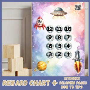 May include: A colorful reward chart featuring space-themed illustrations, including a rocket, planets, and a UFO. The chart has numbered moon-shaped stickers. Text at the bottom reads "REWARD CHART + COLORING PAGES HOW TO TIPS".