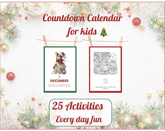 May include: A Christmas countdown calendar for kids with 25 activities. The first page features a mouse in a gingerbread house with the text "1 December". The second page has a coloring page with the text "2 How beautifully can you color?"