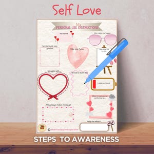 Op de afbeelding: Een roze en witte printbare werkblaadje met de titel "Self Love" en de tekst "My Personal Use Instructions". Het werkblaadje heeft verschillende hartvormige contouren en lege ruimtes om te schrijven. Het werkblaadje is ontworpen om mensen te helpen zelfliefde en zelfzorg te beoefenen.