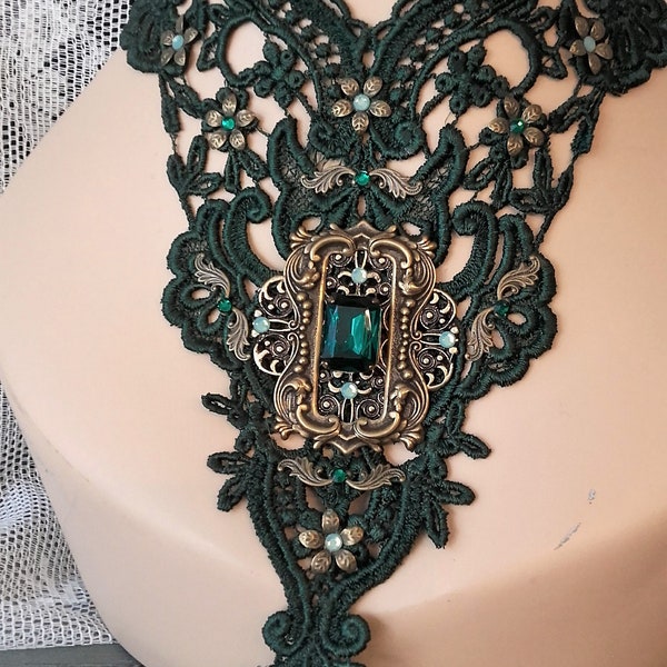 Gothic Choker - Lace Choker Dark Green Emerald Goth Brass Antiqued Necklace - Elegant Ornate Ornament Baroque Rococo