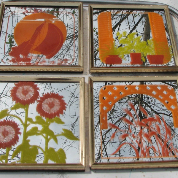 Vintage Mirrored 1970s Picture Set of Four