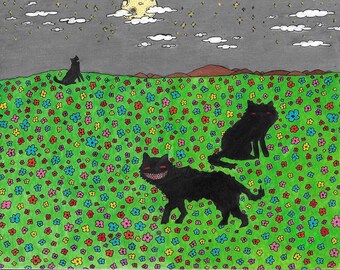 Weird Art Print -  Shadow Cats In The Flower Patch