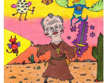 Weird Art Print -  Three Faced Wizard Vanquishing a Demon