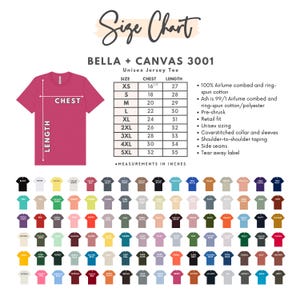 Puede incluir: Tabla de tallas para camisetas unisex Bella + Canvas 3001. La tabla incluye medidas de pecho y largo en pulgadas, que van desde la XS hasta la 5XL. La imagen tambi&eacute;n muestra una camiseta rosa y una amplia gama de colores.