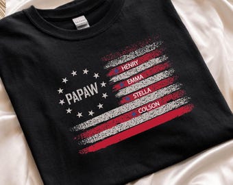 Papaw Shirt with Grandkids' Names – Personalized American Flag T-Shirt for Papaw , Custom Nickname