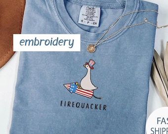 Embroidered July 4th Shirt, Funny Goose Independence Day Embroidered T-Shirt,USA Shirt, Patriotic Tshirt, Firequacker Shirt, July 4th Gift