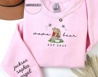 Embroidered Custom Mama Sweatshirt, Personalized Mama Bear Shirt With Kids Names Sleeve Sweater