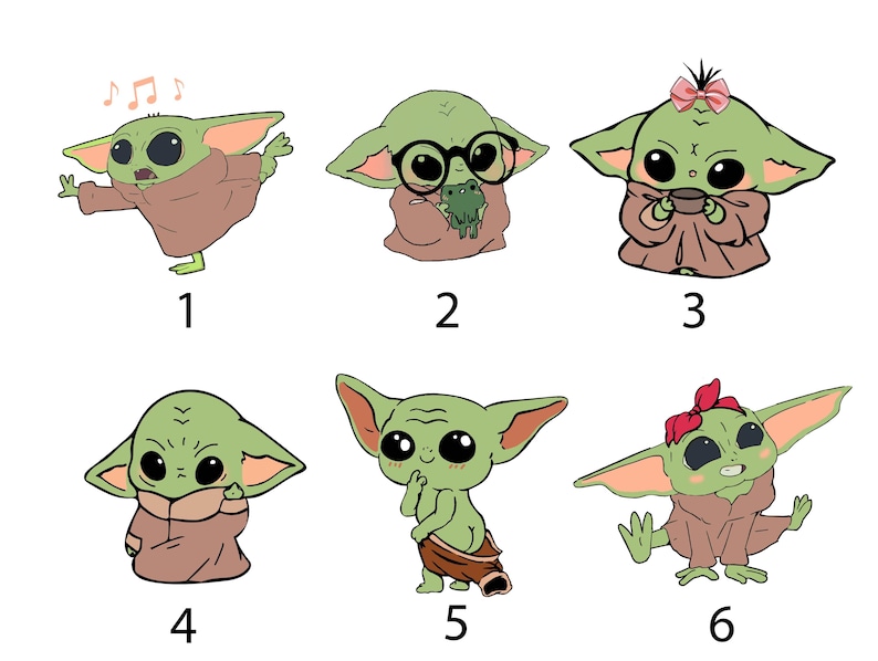 Puede incluir: Una colecci&oacute;n de seis ilustraciones de dibujos animados de un personaje alien&iacute;gena verde. Cada imagen representa al personaje en diferentes poses y atuendos, incluyendo uno con notas musicales, gafas y un lazo.