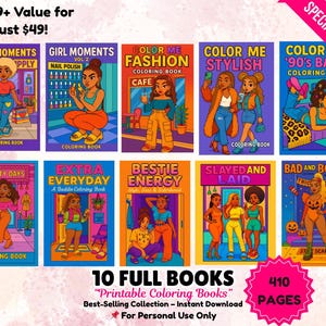 Paquete de 410 páginas para colorear de chicas negras, 10 libros para colorear imprimibles, mujeres afro-malas, autocuidado, momentos de chicas, recados, belleza, descarga instantánea