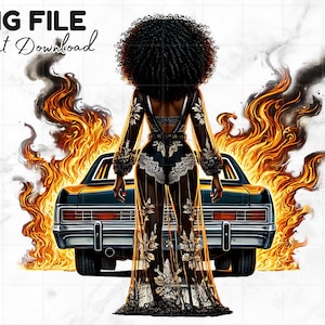 Auto in fiamme PNG ragazza nera Clipart Afro Melanin Queen ragazza nera Magia film anni '90 ispirato a sublimazione download digitale