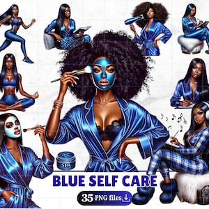35 Schwarze Frauen Selbstfürsorge Blau Clip Art Bundle Selbstliebe Png Morgen Routine Afro Mädchen Spa Zeit Ermächtigte Frauen Planer Mädchen Digitale Aufkleber