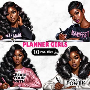 10 Clipart di donne nere con planner, motivazionale, per l'empowerment, per ragazze boss, per l'amore di sé, per ragazze boss, per ispirare