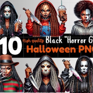 Pacote de PNG de Halloween de menina negra Clip Art assustador Personagem de filme de terror Outono Sublimação Esqueleto Camiseta de Halloween Camiseta de terror Copo