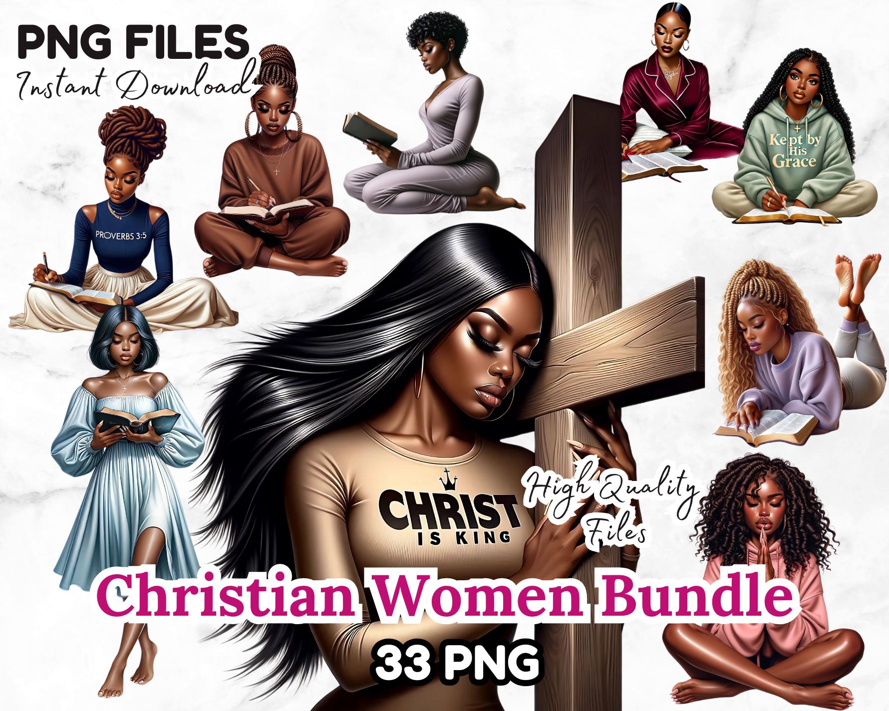33 Christian Women PNG Bundle Black Girl Bible Study Clipart Jesus Praying Woman Christian Faith God Art Digital Download for Sublimation