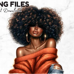 3 belles femmes noires Png fille noire avec des cliparts Afro grands cheveux Afro mélanine reine fille noire magique orange sublimation téléchargement numérique