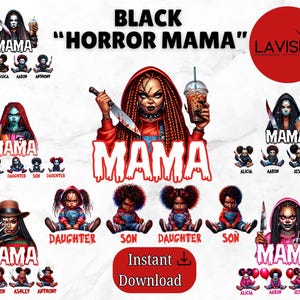 Horror Mama PNG Adicione o nome do seu filho Fonte incluída Personagem de filme de terror Halloween Outono Temporada Menina negra Camiseta de Halloween Camiseta assassina Copo