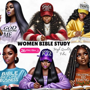 26 femmes étude de la Bible PNG Bundle Black Girl Christian Clipart Bible journalisation priant Jésus foi Dieu Plan fichiers de haute qualité