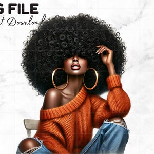 Mooie zwarte vrouw png zwart meisje met afro clipart groot haar afro melanine koningin zwarte meid magie oranje sublimatie digitale download