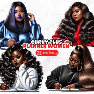 21 Curvy Plus Black Planner Mulheres Clipart Pacote Capa de Diário Chefe Motivada Babe Amor Próprio Garota Empoderada Download Instantâneo Sublimação