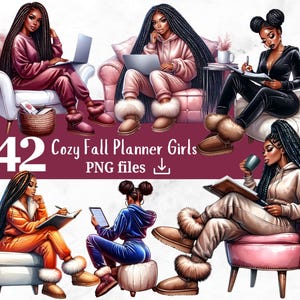 42 zwarte vrouwen clipart bundel gezellige zwarte meid clip art vrouwen schrijven koffie liefhebber zelfliefde clipart Afro planner sticker sublimatie