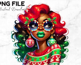 Chica negra peculiar de Navidad PNG Clipart de vacaciones Chica negra de invierno Ilustraciones caprichosas Sublimación alegre Descarga digital
