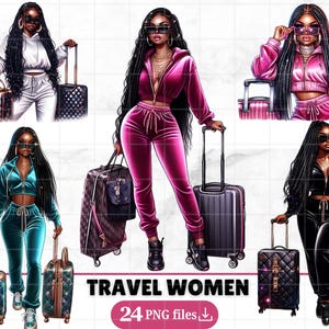 24 zwart meisje met koffer Clip Art bundel vakantie meisjes png vluchten bagage Afro paspoort vrouwen planner meisje digitale stickers