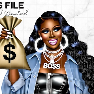 Borsa di soldi della ragazza nera PNG Donna nera Hustler Clipart Motivazione per i soldi Regina della melanina Ragazza nera Magia Sublimazione Download digitale