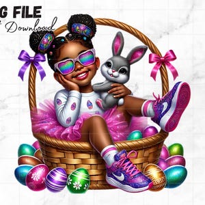 Pacchetto di clipart pasquali per ragazze nere PNG per feste di Pasqua Coniglietto pasquale Bella ragazza adorabile Bella giovane afroamericana Melanina Magia Sublimazione
