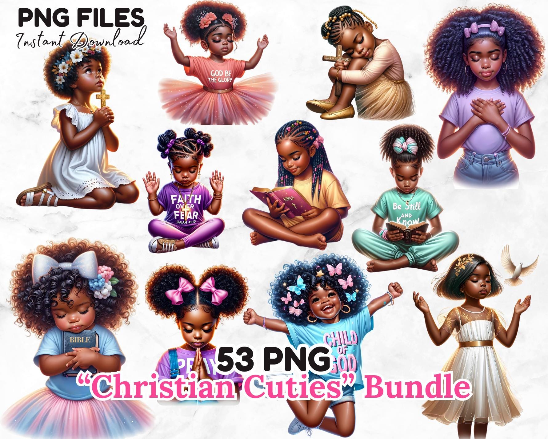 53 Praying Black Girls Clipart Bundle Christian Cuties PNG  Black Girl Faith Jesus Loves Bible Poses Christian Kids Sublimation Download