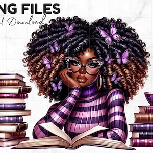 3 fille noire lisant Png belles femmes noires amateur de livres Clipart papillon Afro mélanine reine fille noire magique sublimation téléchargement numérique