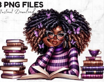 3 Black Girl Reading Png Beautiful Black Women Book Lover Clipart Butterfly Afro Melanin Queen Black Girl Magic Sublimation Digital Download