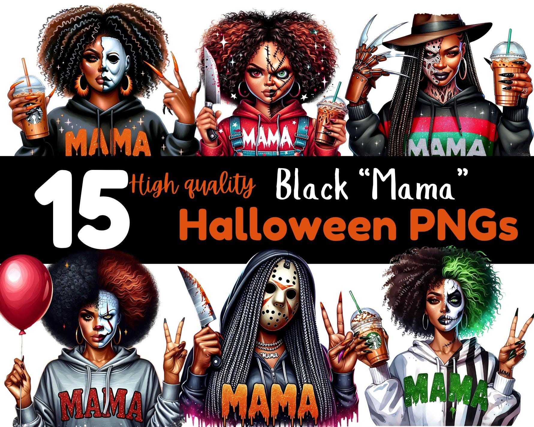 Black Girl Halloween PNG Bundle MAMA Spooky Clip Art Scary Movie Character Fall Sublimation Skeleton Halloween Shirt Horror TShirt Tumbler