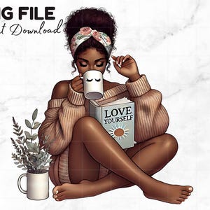 Menina negra lendo um livro clipart ame a si mesmo mulher negra leitora amante de livros leitora de livros leitora de coque bagunçado sublimação download digital