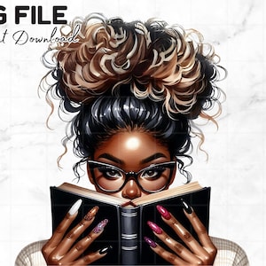 Menina negra lendo um livro png mulher negra leitora amante de livros leitora clipart coque bagunçado leitor sublimação download digital