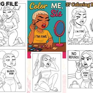 37 schwarze Mädchen Malbuch Seiten für Bold and Easy Afro Sassy Attitude Color Me Sis Digitaler Download 37 druckbare PNG Dateien für Erwachsene