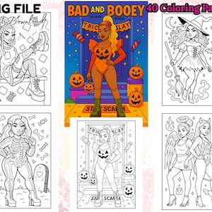 40 páginas para colorear de chicas negras, disfraces de Halloween, mujeres afroamericanas atrevidas y espeluznantes, libro para colorear imprimible, descarga instantánea