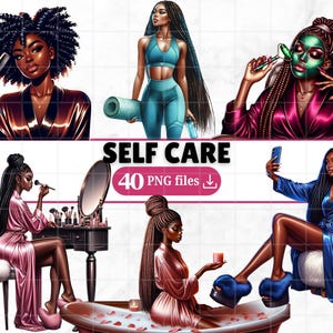 40 schwarze Frauen Selbstfürsorge Clip Art Bundle Selbstliebe Png Morgen Routine Afro Mädchen Spa Time Empowered Frauen Planer Mädchen Digitale Aufkleber