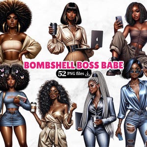 Pacote de clipart de 52 garotas negras, chefe, garota png, pacote bombástico, linda garota afro para negócios, moda, telefone, café, estética, downloads