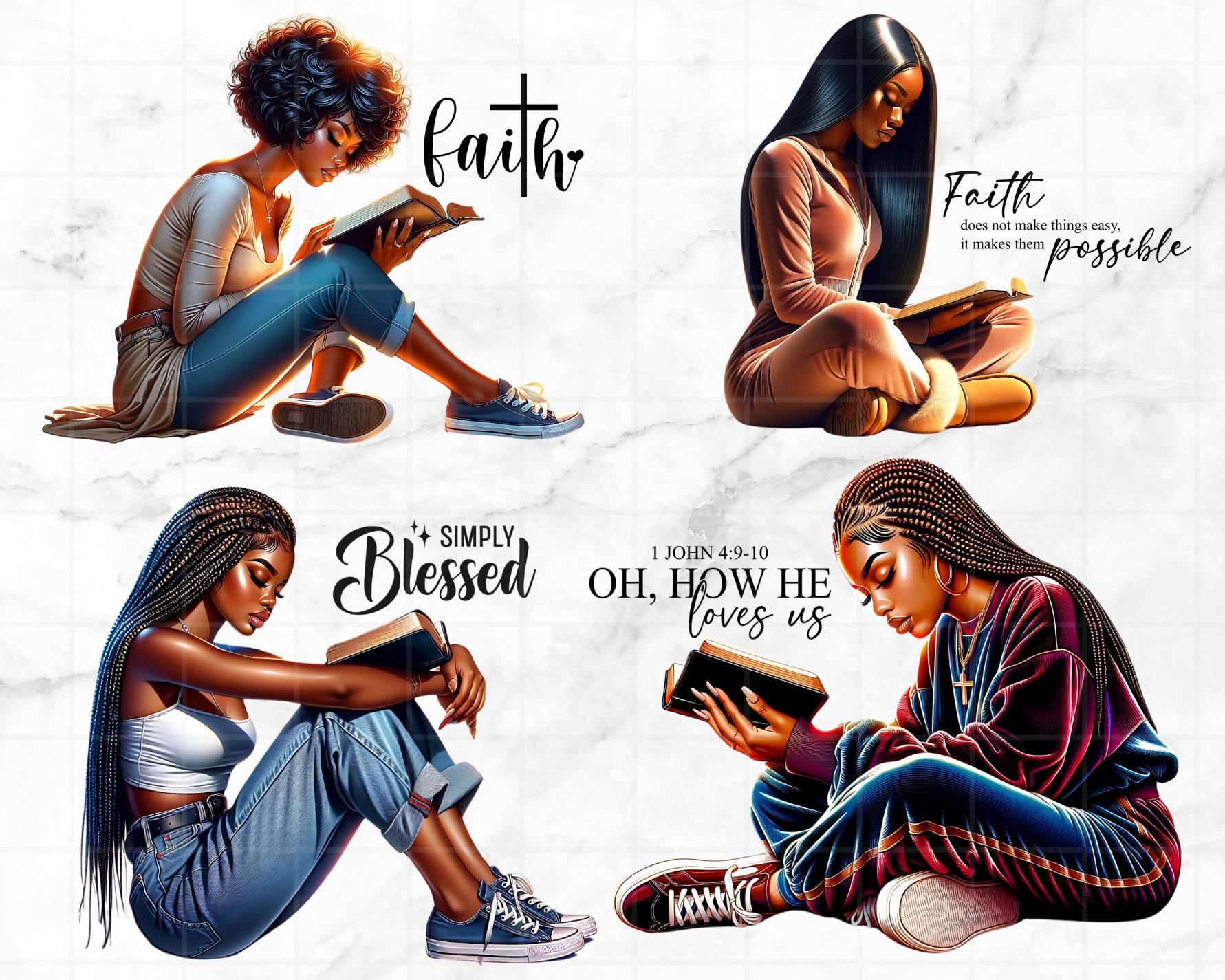 Scripture Reading Graphics 21 Black Women Reading Bible Clipart Bundle Planner Girls With Faith ...