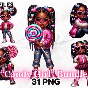 31 Schwarze Mädchen Clipart PNG Bundle Geburtstag Cupcake Kuchen Lollipop Afro Zöpfe Valentine Clipart Candyland Kleines Schwarzes Mädchen Magie Download