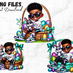 Black Boy Easter Clipart Bundle Party PNG Paashaas Knappe zwarte jongen mooie jonge Afro-Amerikaanse melanine magische sublimatie