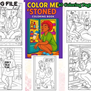 40 Black Stoner Girl Malbuch Bold and Easy Lustig Chillen Weed Pot Kopf Seiten für Entspannte Vibes Download Druckbare PNG Dateien für Erwachsene
