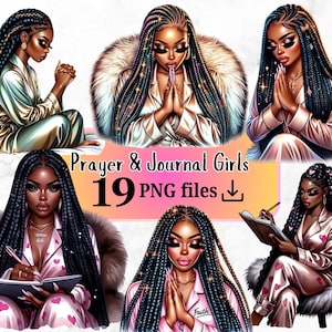 19 betende schwarze Frauen Clipart Bundle Planer Mädchen mit Glauben Png gesegnete christliche Clip Art Schwarz Planer Girls God Love Sublimation