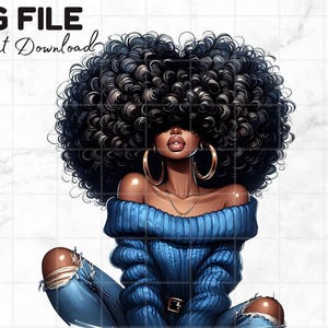 Bella ragazza nera PNG Ragazza nera con afro Clipart Capelli grandi Afro Melanina Regina Ragazza nera Magic Blue Sublimazione Download digitale