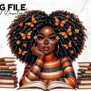 Fille noire lisant Png belles femmes noires amateur de livres Clipart papillon Afro mélanine reine fille noire magique sublimation téléchargement numérique