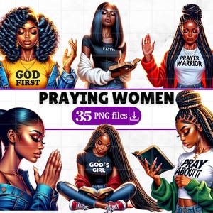 35 femmes noires en prière Clipart Bundle Planner filles avec foi Png fille bénie chrétienne Clip Art foi noire filles Dieu amour sublimation
