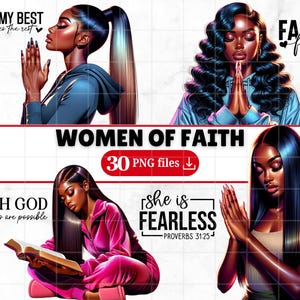 Lot de 30 cliparts affirmations chrétiennes noires filles noires avec foi Png fille bénie chrétienne clipart foi citations dieu amour sublimation