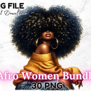 Bundle de 30 cliparts fille noire PNG femmes afro sublimation Png grands cheveux Afro Clipart mélanine reine fille noire magique téléchargement numérique