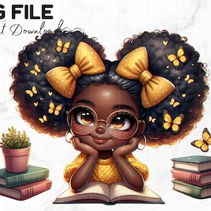 Piccola ragazza nera che legge Png Bella ragazza nera amante dei libri Clipart Farfalla Afro Melanina Ragazza nera Magia Sublimazione Download digitale