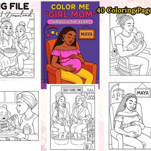 40の黒人ママの瞬間のぬり絵ページ 大胆で簡単な女の子のママ アフロ 生意気な母性 母の日 デジタルダウンロード 大人とティーン向け印刷可能なPNG